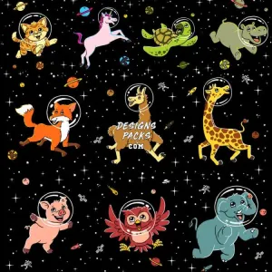 10 Cartoon Kids Space Animals Designs Bundle PNG