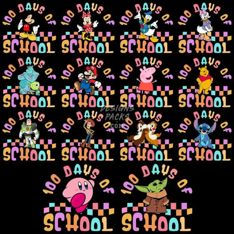 14 Designs of 100 Days Of Schools Cartoon Bundle PNG