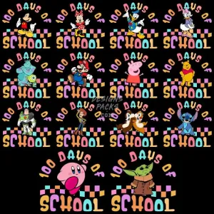 14 Designs of 100 Days Of Schools Cartoon Bundle PNG