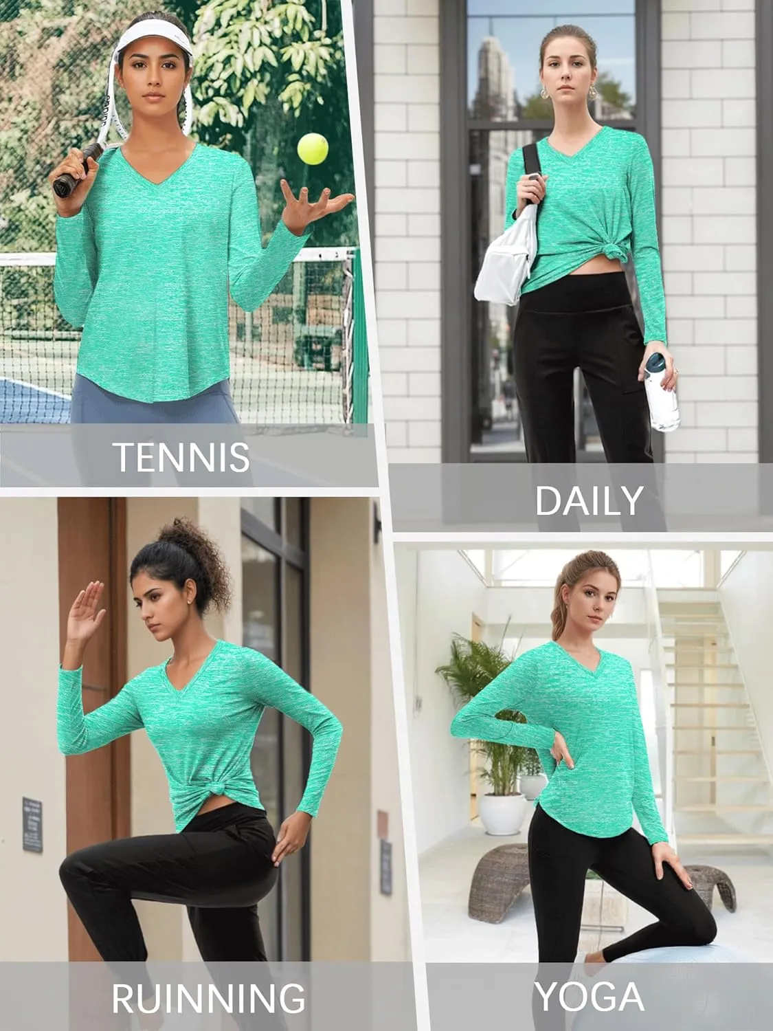 3-5 Pack Womens T Shirts V Neck Long Sleeve Workout Casual Tops Quick Dry Athletic Running UV Sun Protection Hiking