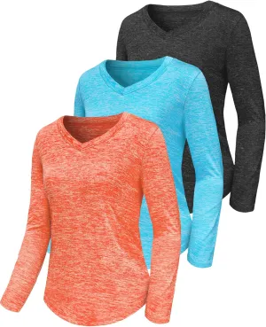 3-5 Pack Womens T Shirts V Neck Long Sleeve Workout Casual Tops Quick Dry Athletic Running UV Sun Protection Hiking