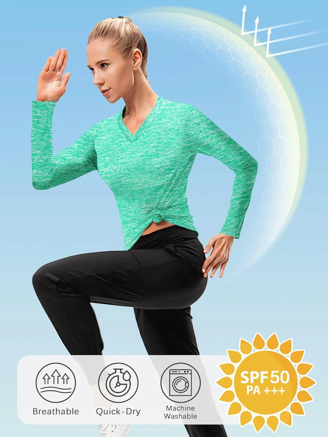 3-5 Pack Womens T Shirts V Neck Long Sleeve Workout Casual Tops Quick Dry Athletic Running UV Sun Protection Hiking