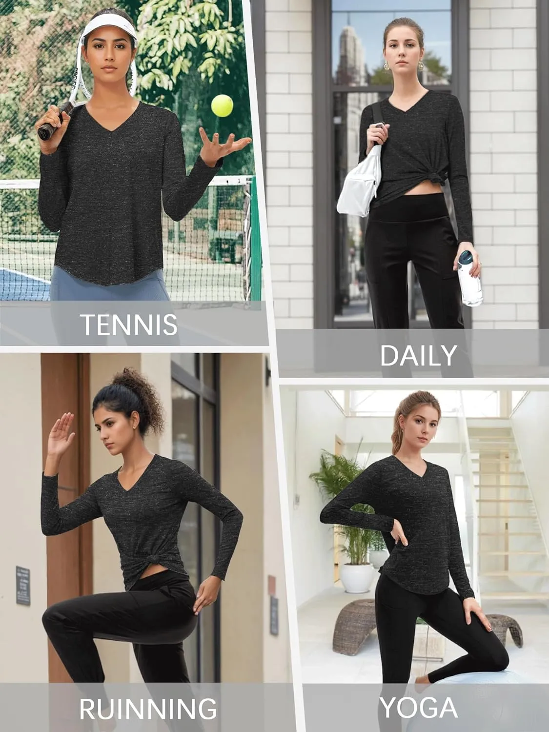 3-5 Pack Womens T Shirts V Neck Long Sleeve Workout Casual Tops Quick Dry Athletic Running UV Sun Protection Hiking