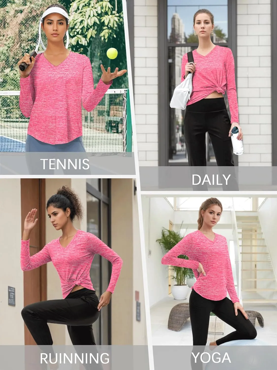 3-5 Pack Womens T Shirts V Neck Long Sleeve Workout Casual Tops Quick Dry Athletic Running UV Sun Protection Hiking