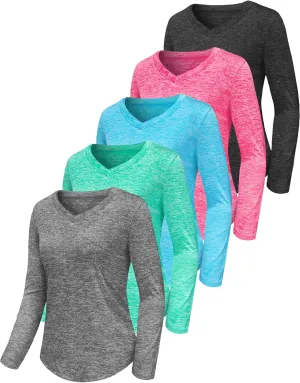 3-5 Pack Womens T Shirts V Neck Long Sleeve Workout Casual Tops Quick Dry Athletic Running UV Sun Protection Hiking