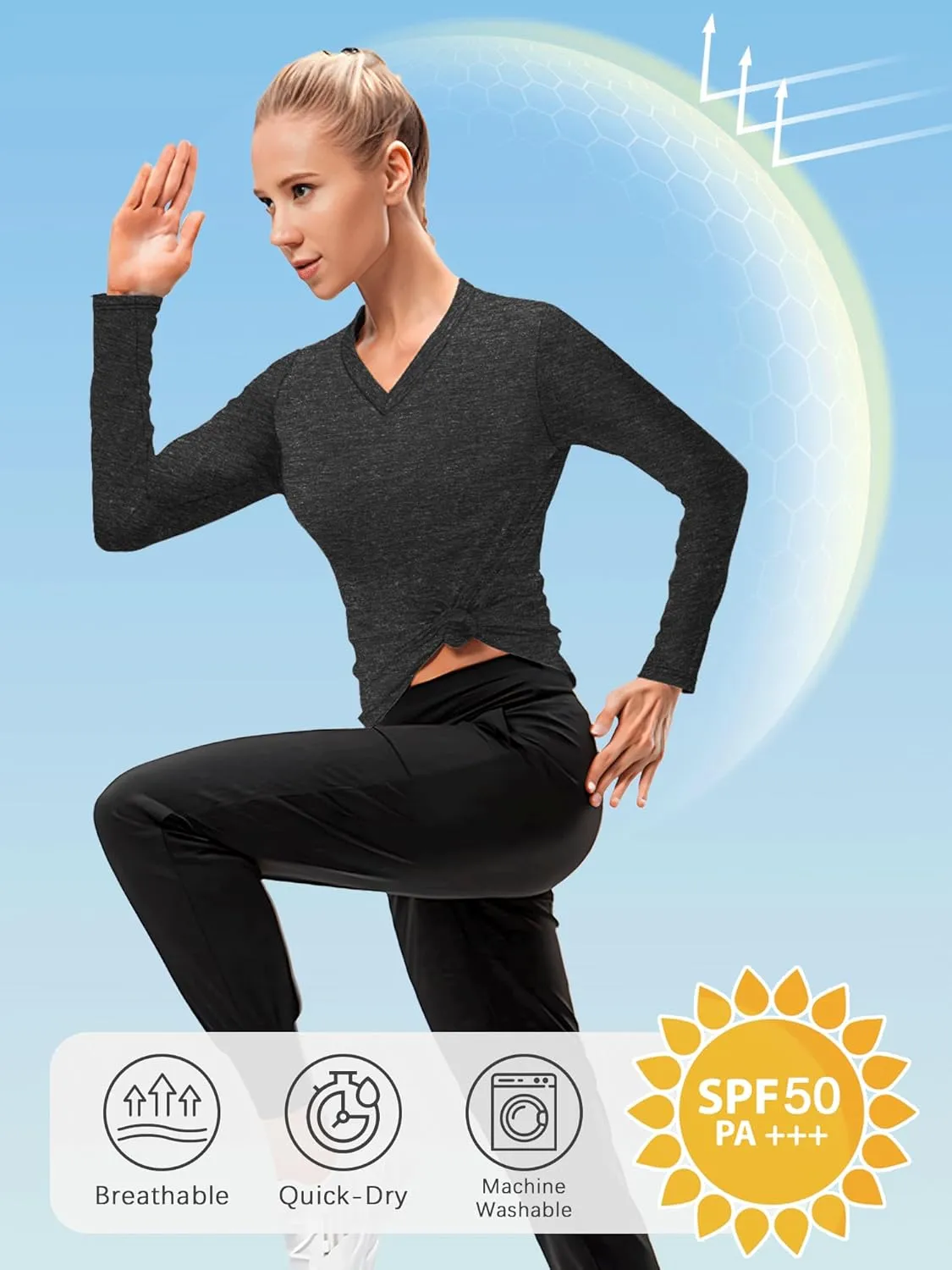 3-5 Pack Womens T Shirts V Neck Long Sleeve Workout Casual Tops Quick Dry Athletic Running UV Sun Protection Hiking