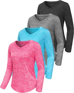 3-5 Pack Womens T Shirts V Neck Long Sleeve Workout Casual Tops Quick Dry Athletic Running UV Sun Protection Hiking
