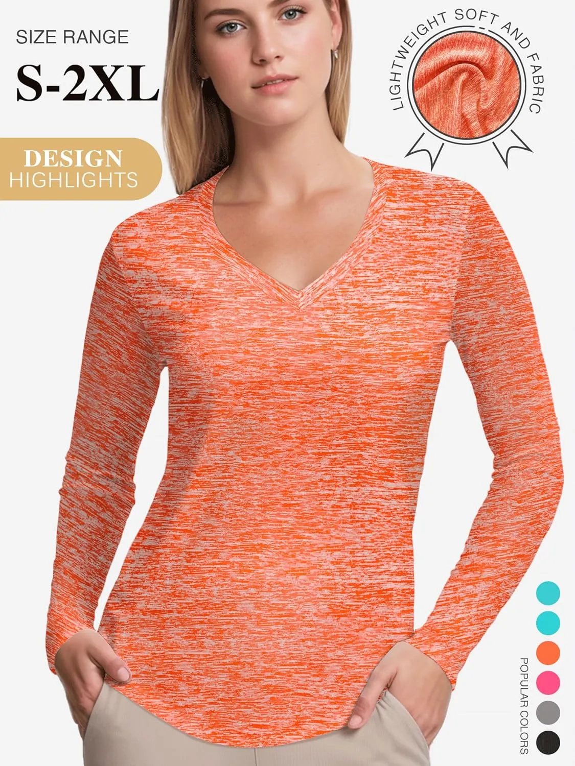 3-5 Pack Womens T Shirts V Neck Long Sleeve Workout Casual Tops Quick Dry Athletic Running UV Sun Protection Hiking