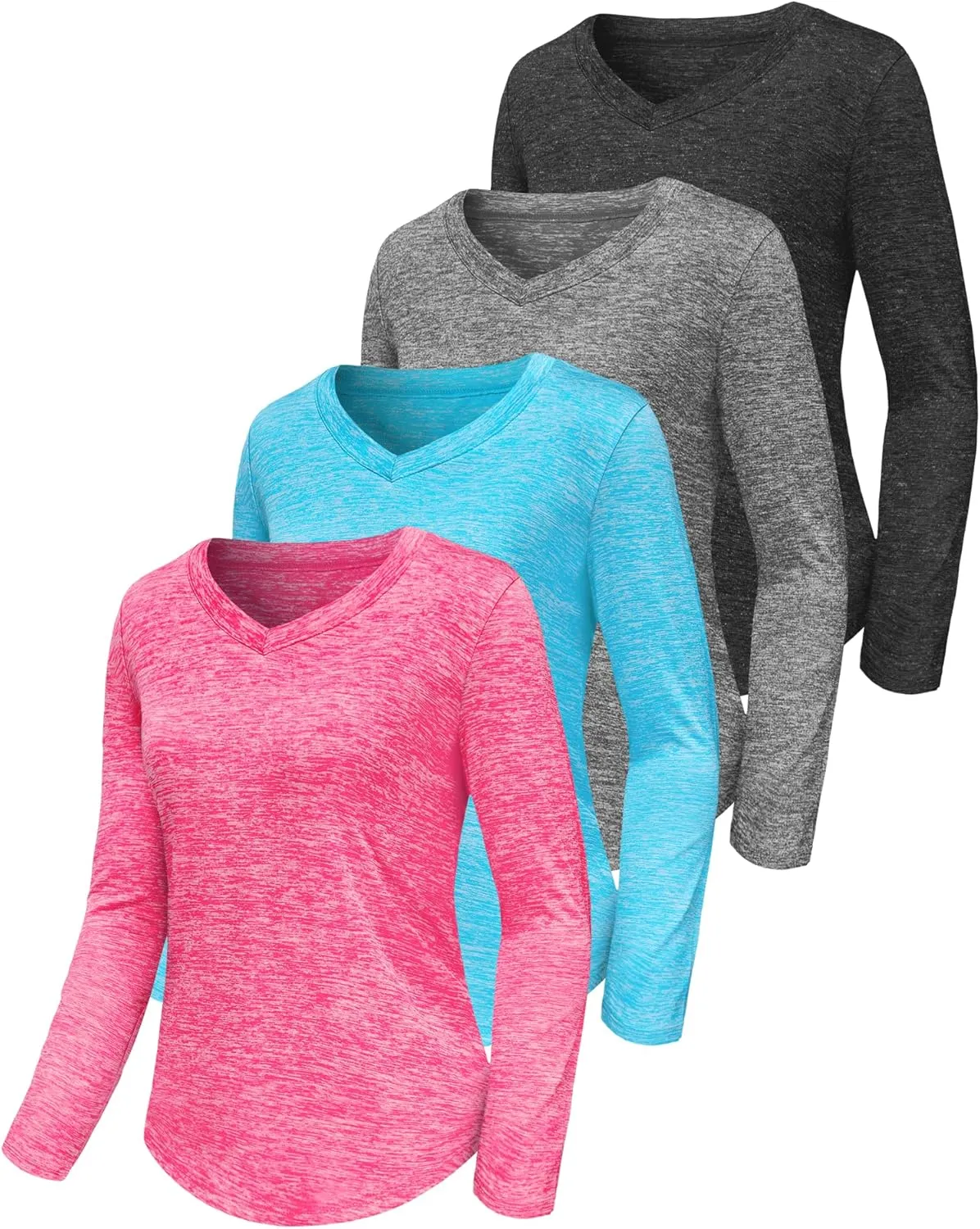 3-5 Pack Womens T Shirts V Neck Long Sleeve Workout Casual Tops Quick Dry Athletic Running UV Sun Protection Hiking
