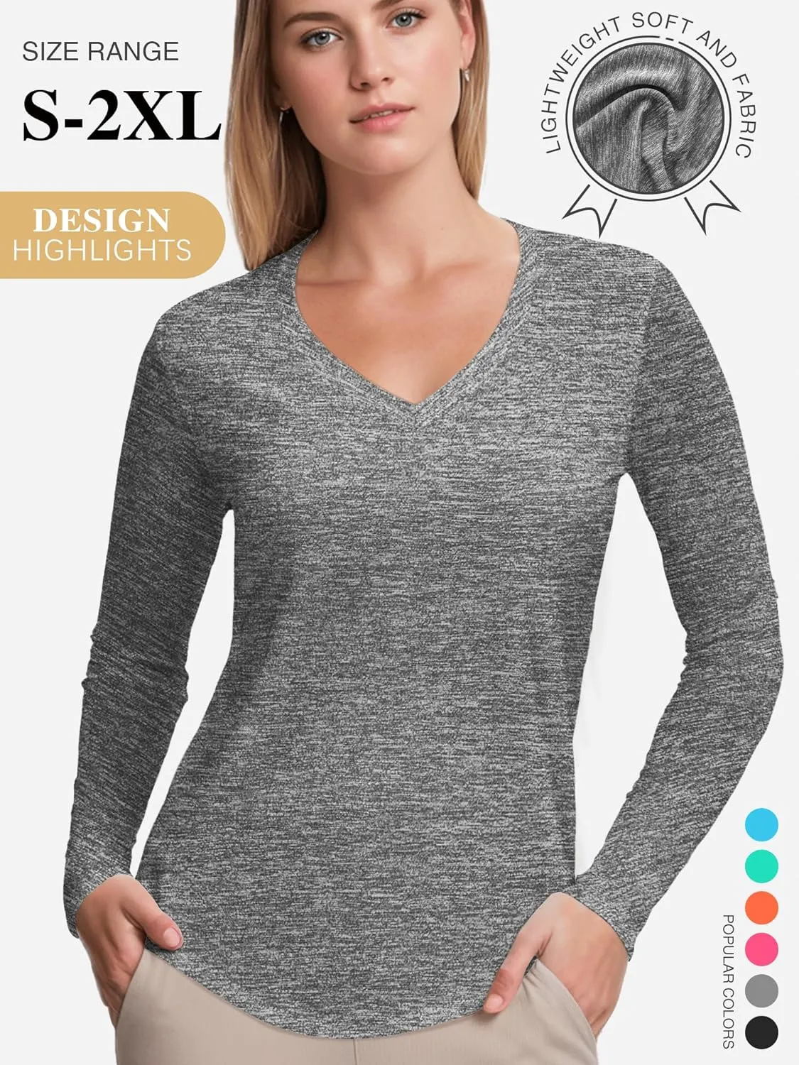 3-5 Pack Womens T Shirts V Neck Long Sleeve Workout Casual Tops Quick Dry Athletic Running UV Sun Protection Hiking
