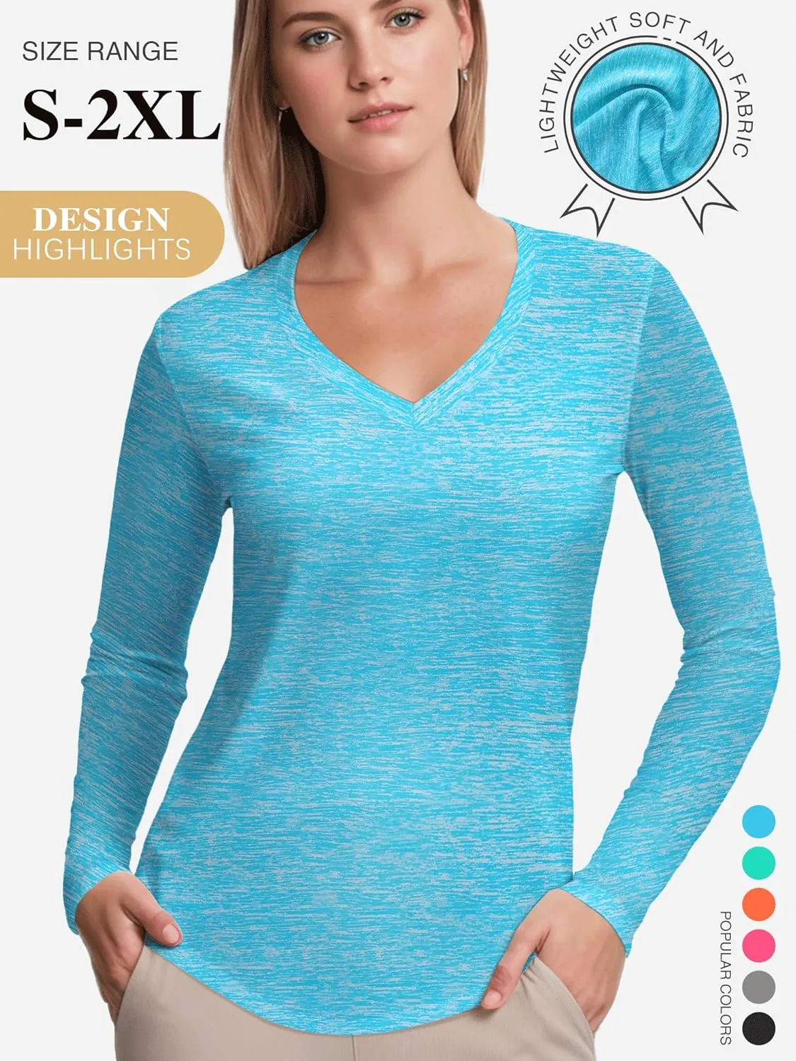 3-5 Pack Womens T Shirts V Neck Long Sleeve Workout Casual Tops Quick Dry Athletic Running UV Sun Protection Hiking