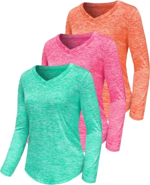 3-5 Pack Womens T Shirts V Neck Long Sleeve Workout Casual Tops Quick Dry Athletic Running UV Sun Protection Hiking