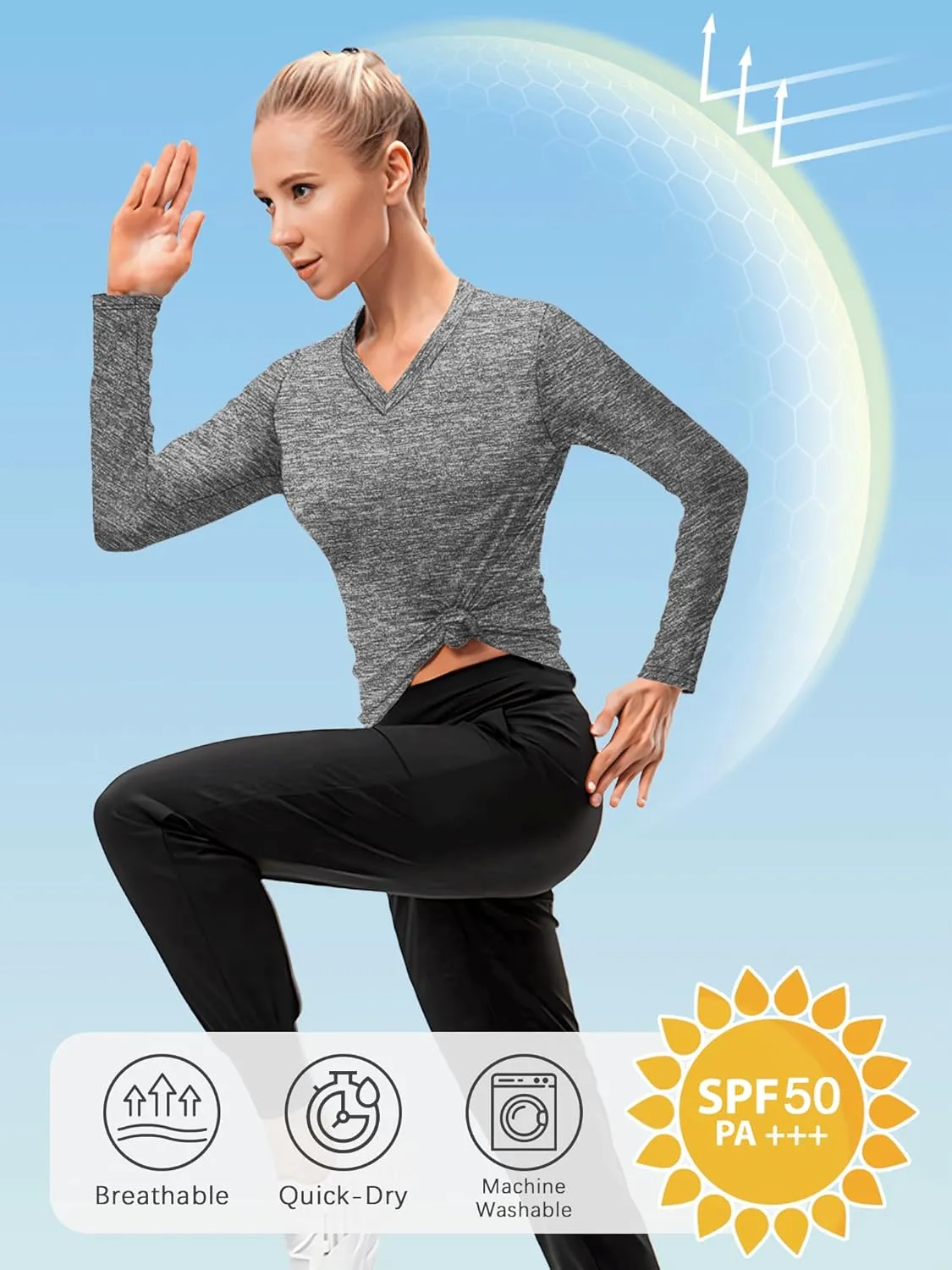 3-5 Pack Womens T Shirts V Neck Long Sleeve Workout Casual Tops Quick Dry Athletic Running UV Sun Protection Hiking