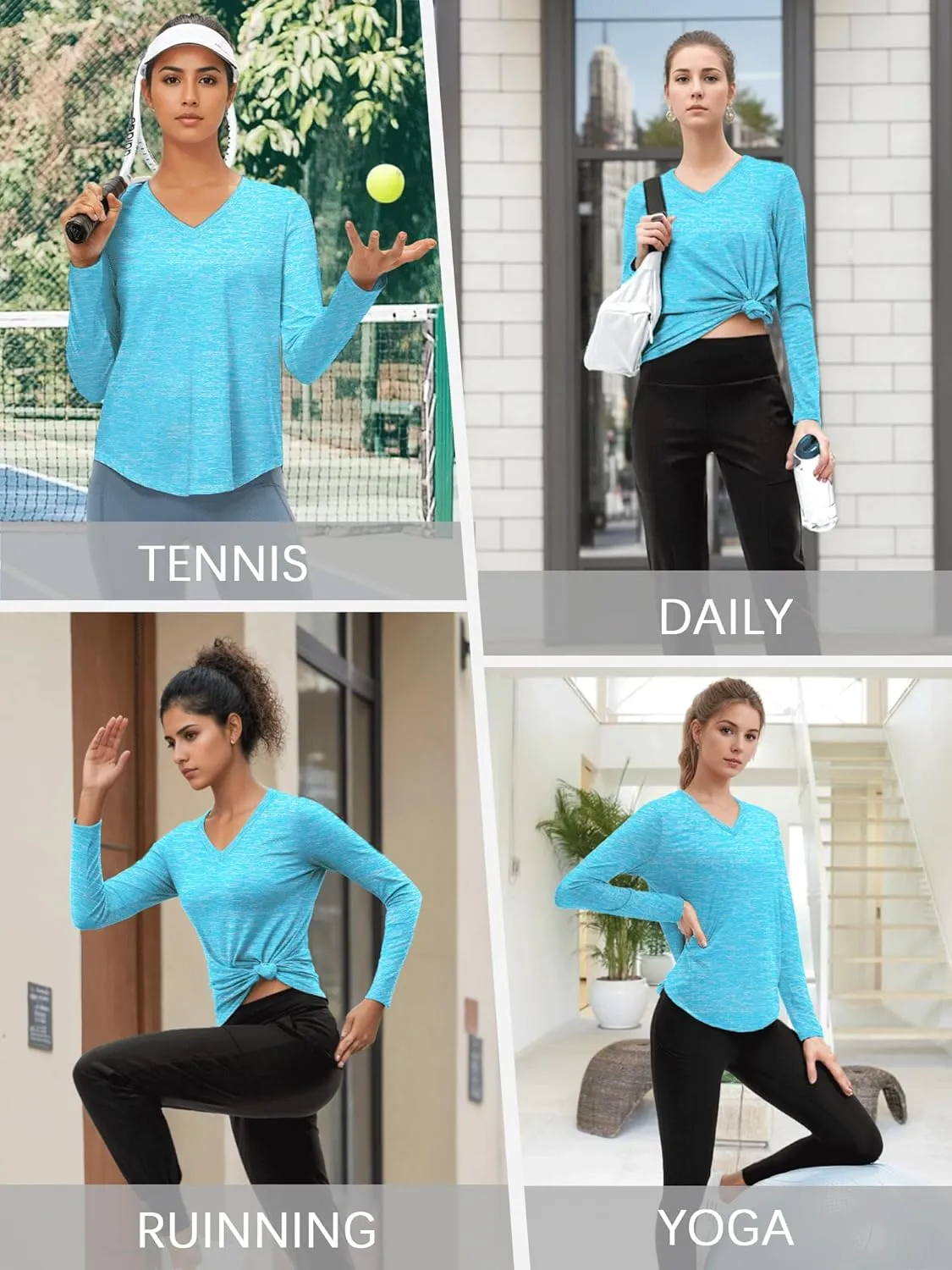 3-5 Pack Womens T Shirts V Neck Long Sleeve Workout Casual Tops Quick Dry Athletic Running UV Sun Protection Hiking