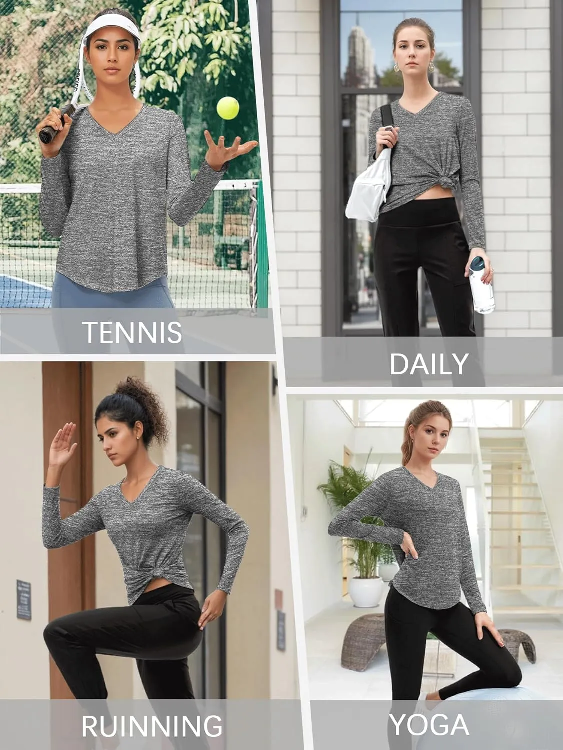 3-5 Pack Womens T Shirts V Neck Long Sleeve Workout Casual Tops Quick Dry Athletic Running UV Sun Protection Hiking