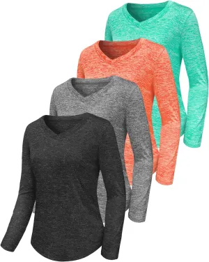 3-5 Pack Womens T Shirts V Neck Long Sleeve Workout Casual Tops Quick Dry Athletic Running UV Sun Protection Hiking