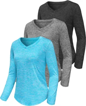 3-5 Pack Womens T Shirts V Neck Long Sleeve Workout Casual Tops Quick Dry Athletic Running UV Sun Protection Hiking