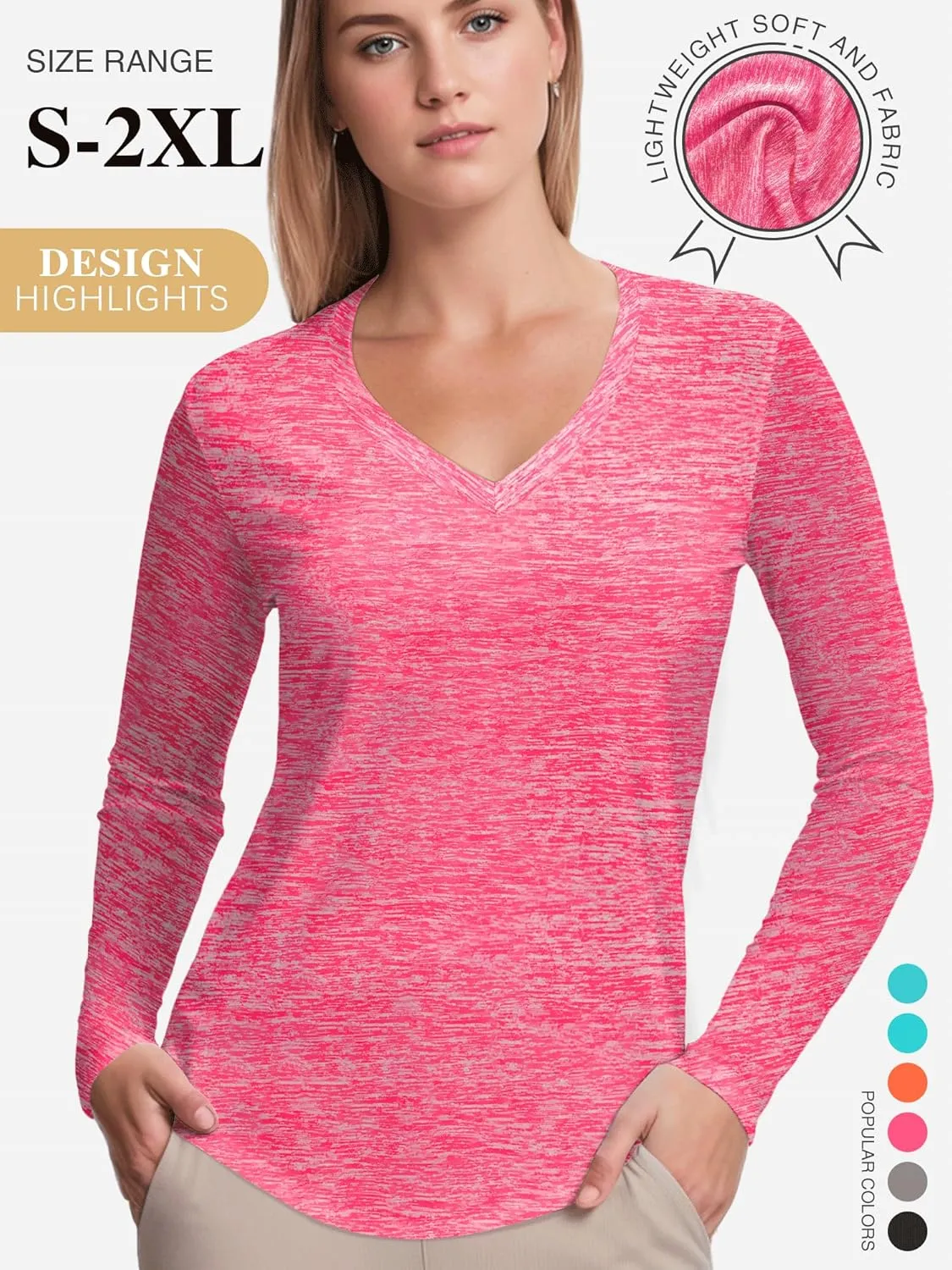 3-5 Pack Womens T Shirts V Neck Long Sleeve Workout Casual Tops Quick Dry Athletic Running UV Sun Protection Hiking