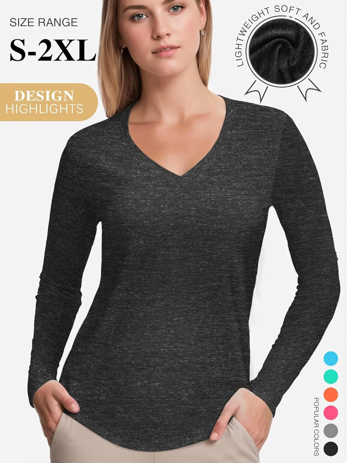 3-5 Pack Womens T Shirts V Neck Long Sleeve Workout Casual Tops Quick Dry Athletic Running UV Sun Protection Hiking