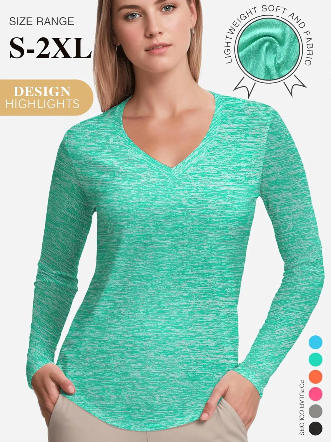 3-5 Pack Womens T Shirts V Neck Long Sleeve Workout Casual Tops Quick Dry Athletic Running UV Sun Protection Hiking