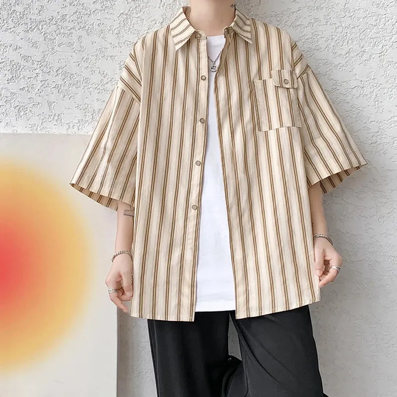 Aidase Half Sleeve Shirts Men Casual Stripe Shirts Streetwear Oversize Blouses Single Breasted Male Clothing Harajuku Summer