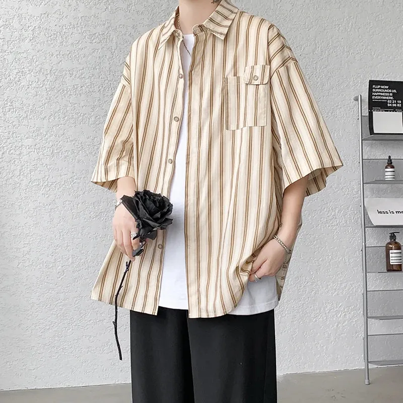 Aidase Half Sleeve Shirts Men Casual Stripe Shirts Streetwear Oversize Blouses Single Breasted Male Clothing Harajuku Summer
