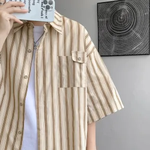 Aidase Half Sleeve Shirts Men Casual Stripe Shirts Streetwear Oversize Blouses Single Breasted Male Clothing Harajuku Summer