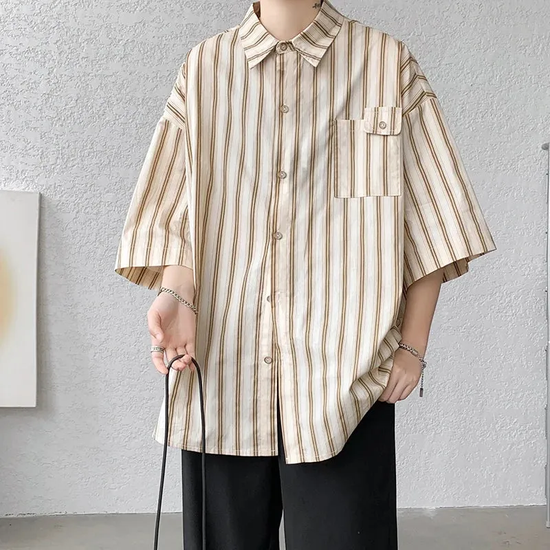 Aidase Half Sleeve Shirts Men Casual Stripe Shirts Streetwear Oversize Blouses Single Breasted Male Clothing Harajuku Summer