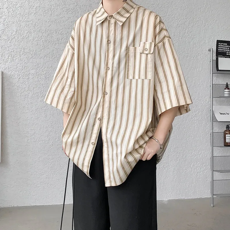 Aidase Half Sleeve Shirts Men Casual Stripe Shirts Streetwear Oversize Blouses Single Breasted Male Clothing Harajuku Summer