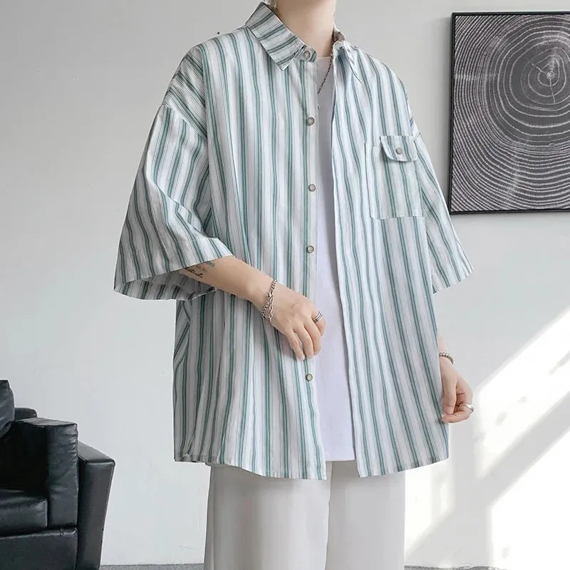 Aidase Half Sleeve Shirts Men Casual Stripe Shirts Streetwear Oversize Blouses Single Breasted Male Clothing Harajuku Summer