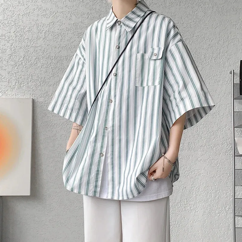 Aidase Half Sleeve Shirts Men Casual Stripe Shirts Streetwear Oversize Blouses Single Breasted Male Clothing Harajuku Summer