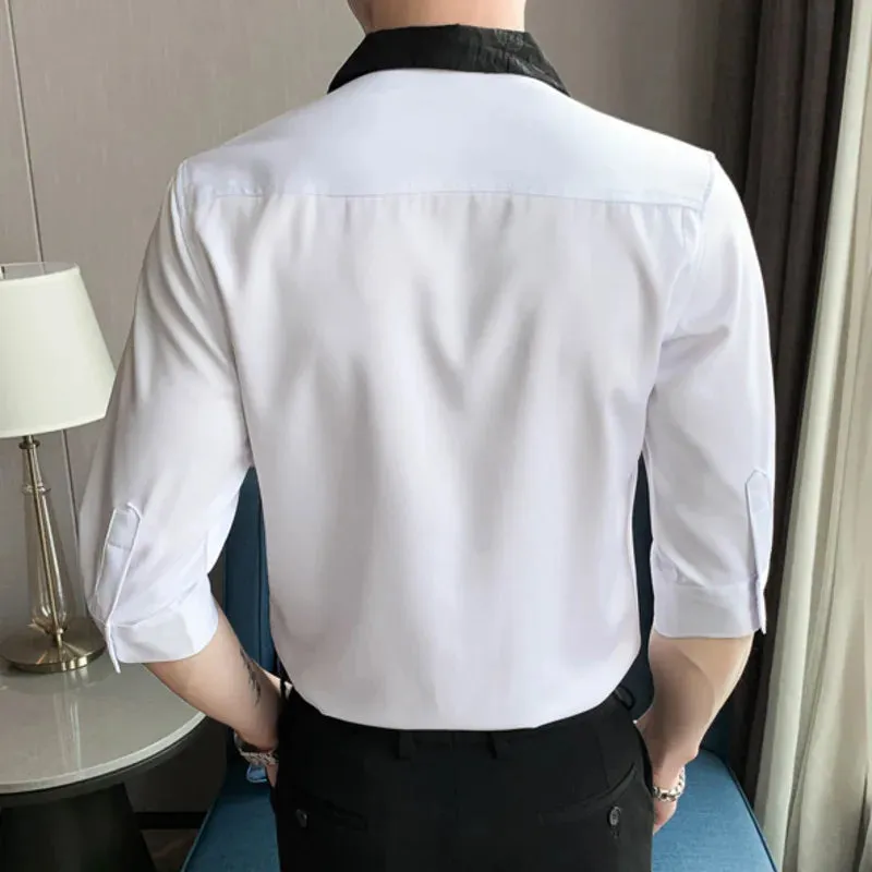 Aidase Jacquard Stitching Shirts For Men Half Sleeve Slim Casual Shirt Social Party Tuxedo Chemise Homme Streetwear Men Clothing
