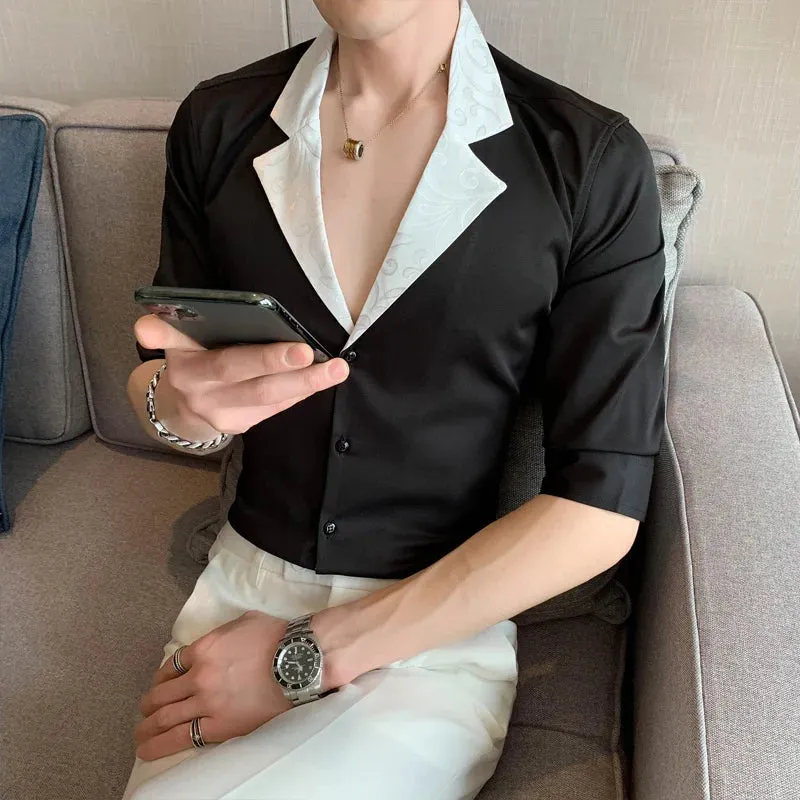 Aidase Jacquard Stitching Shirts For Men Half Sleeve Slim Casual Shirt Social Party Tuxedo Chemise Homme Streetwear Men Clothing
