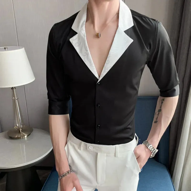Aidase Jacquard Stitching Shirts For Men Half Sleeve Slim Casual Shirt Social Party Tuxedo Chemise Homme Streetwear Men Clothing
