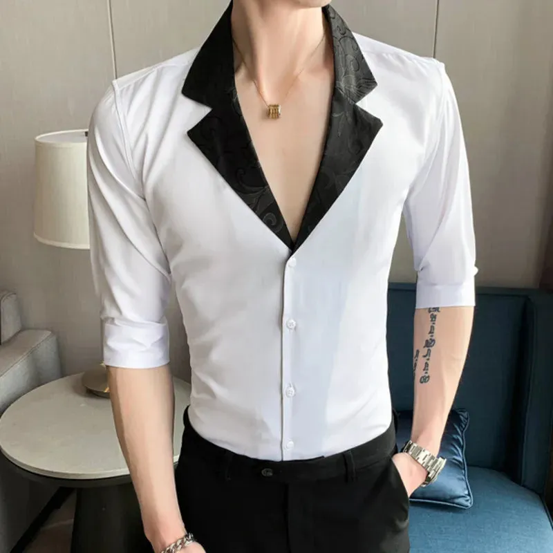 Aidase Jacquard Stitching Shirts For Men Half Sleeve Slim Casual Shirt Social Party Tuxedo Chemise Homme Streetwear Men Clothing