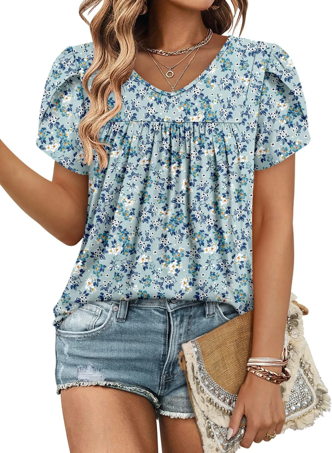 Angerella Womens Tops Dressy Casual Summer Short Sleeve T-Shirts Trendy Loose Blouse V Neck Tunic Tops to Wear with Leggings