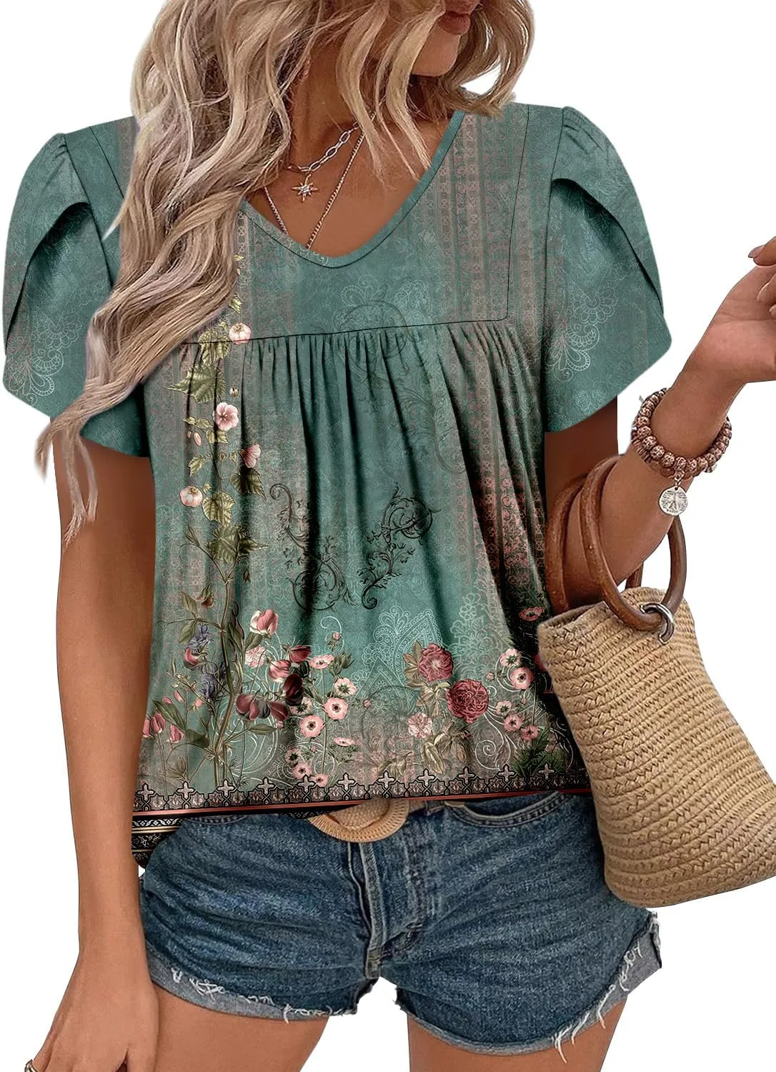Angerella Womens Tops Dressy Casual Summer Short Sleeve T-Shirts Trendy Loose Blouse V Neck Tunic Tops to Wear with Leggings