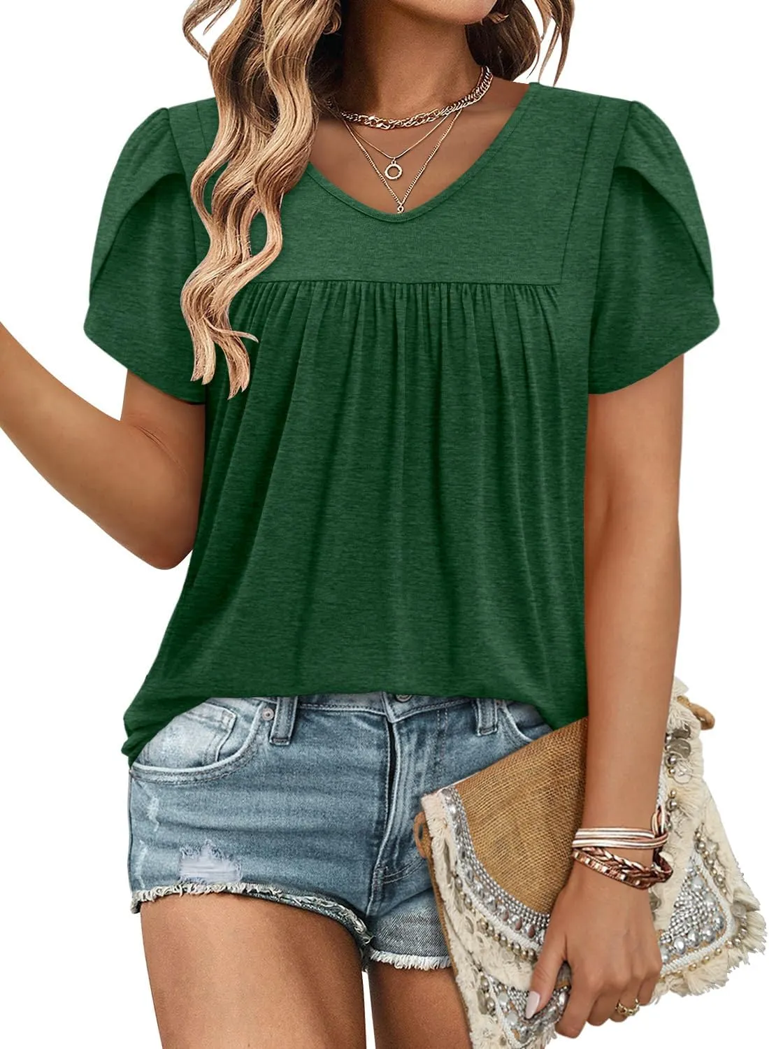 Angerella Womens Tops Dressy Casual Summer Short Sleeve T-Shirts Trendy Loose Blouse V Neck Tunic Tops to Wear with Leggings