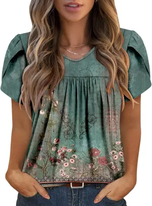 Angerella Womens Tops Dressy Casual Summer Short Sleeve T-Shirts Trendy Loose Blouse V Neck Tunic Tops to Wear with Leggings