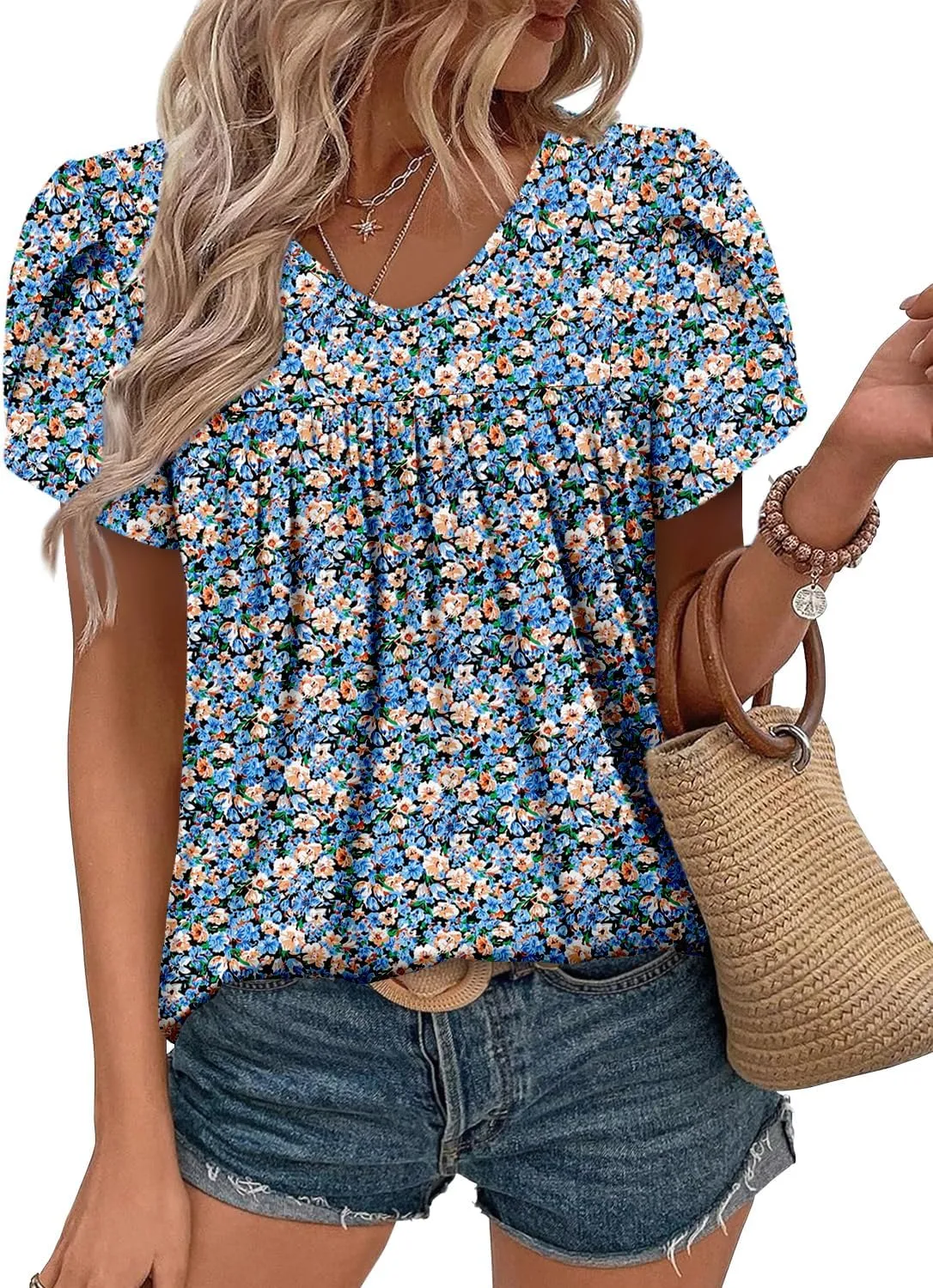 Angerella Womens Tops Dressy Casual Summer Short Sleeve T-Shirts Trendy Loose Blouse V Neck Tunic Tops to Wear with Leggings