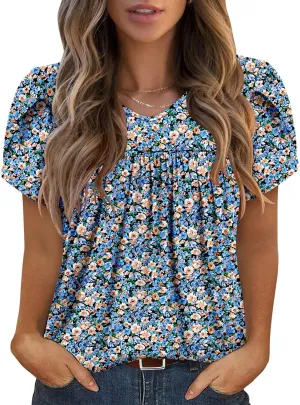 Angerella Womens Tops Dressy Casual Summer Short Sleeve T-Shirts Trendy Loose Blouse V Neck Tunic Tops to Wear with Leggings