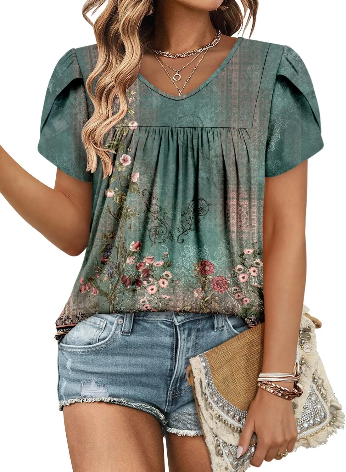 Angerella Womens Tops Dressy Casual Summer Short Sleeve T-Shirts Trendy Loose Blouse V Neck Tunic Tops to Wear with Leggings
