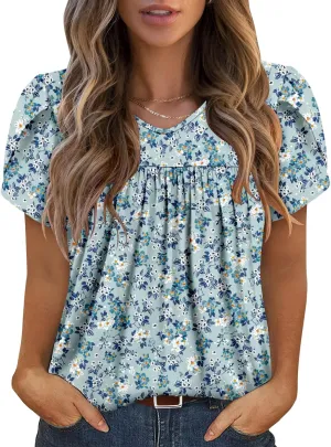 Angerella Womens Tops Dressy Casual Summer Short Sleeve T-Shirts Trendy Loose Blouse V Neck Tunic Tops to Wear with Leggings