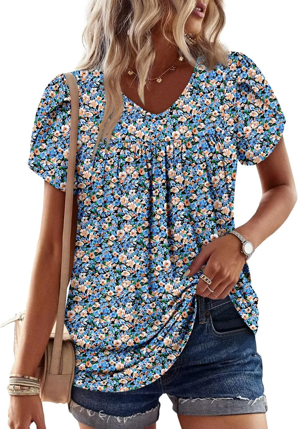 Angerella Womens Tops Dressy Casual Summer Short Sleeve T-Shirts Trendy Loose Blouse V Neck Tunic Tops to Wear with Leggings