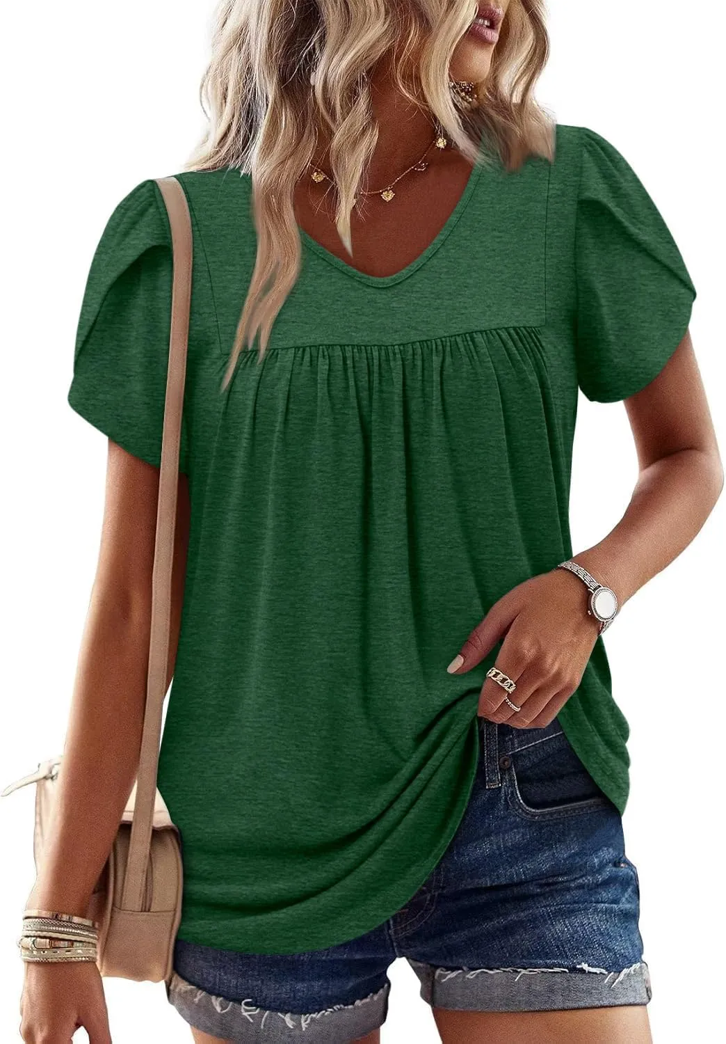 Angerella Womens Tops Dressy Casual Summer Short Sleeve T-Shirts Trendy Loose Blouse V Neck Tunic Tops to Wear with Leggings