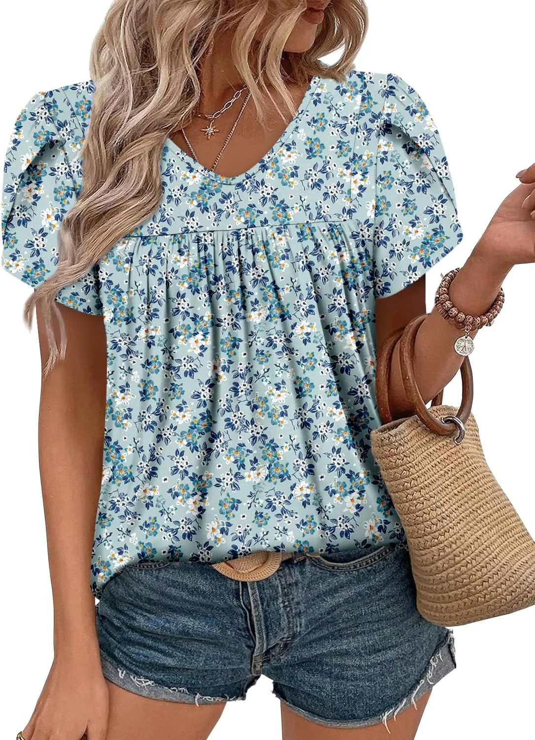 Angerella Womens Tops Dressy Casual Summer Short Sleeve T-Shirts Trendy Loose Blouse V Neck Tunic Tops to Wear with Leggings