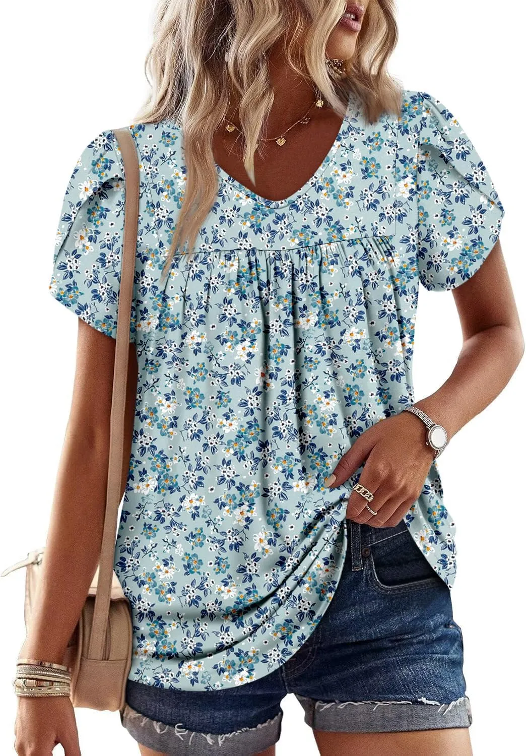 Angerella Womens Tops Dressy Casual Summer Short Sleeve T-Shirts Trendy Loose Blouse V Neck Tunic Tops to Wear with Leggings
