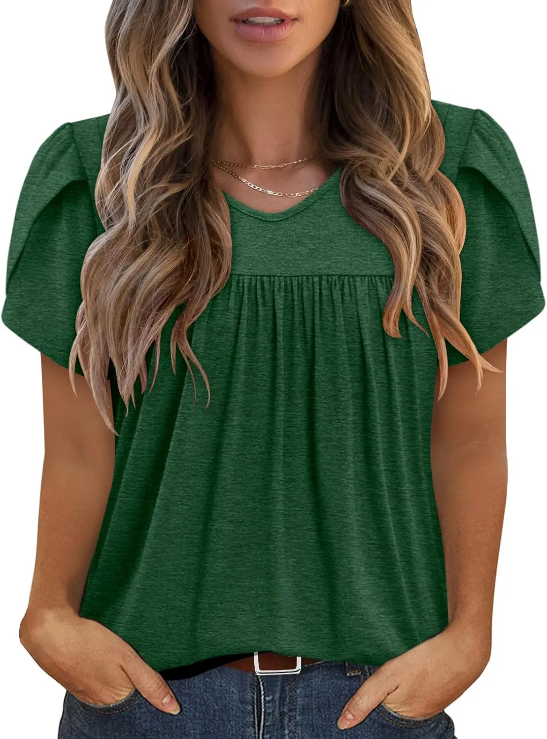Angerella Womens Tops Dressy Casual Summer Short Sleeve T-Shirts Trendy Loose Blouse V Neck Tunic Tops to Wear with Leggings