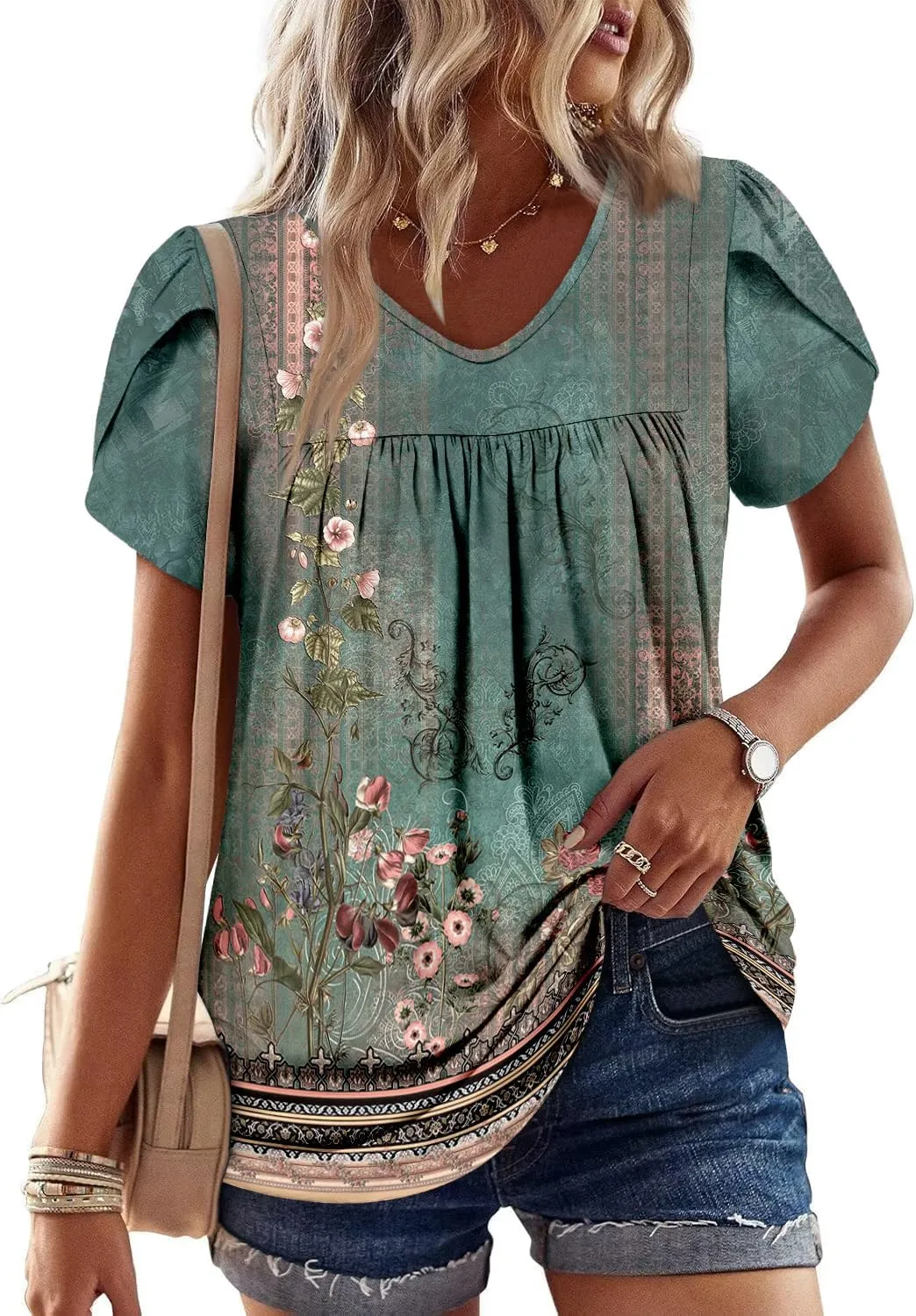 Angerella Womens Tops Dressy Casual Summer Short Sleeve T-Shirts Trendy Loose Blouse V Neck Tunic Tops to Wear with Leggings
