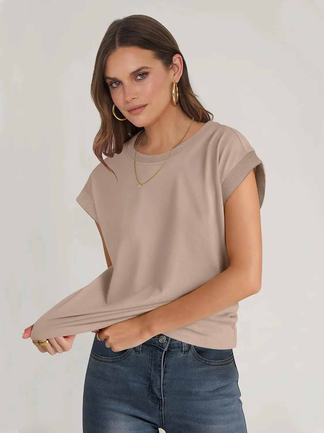 ANRABESS Women Cap Sleeve Tops 2025 Trendy Summer Loose Fit Cute Basic T Shirts Business Dressy Casual Outfits Clothes